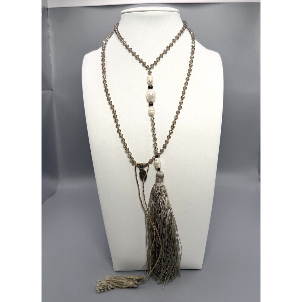 Zacasha Beaded Tassel Necklace Pearl Crystal Boho Lariat 46"  Long